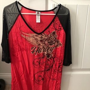 Harley Davidson red 3/4 sleeve with black sheer sleeve.